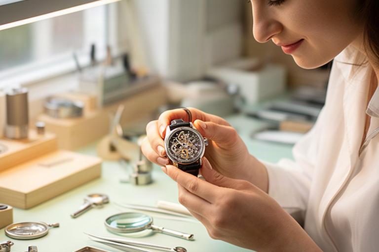 Uhrmacherin prüft eine mechanische Schweizer Uhr an einem hellen Arbeitstisch in Baar