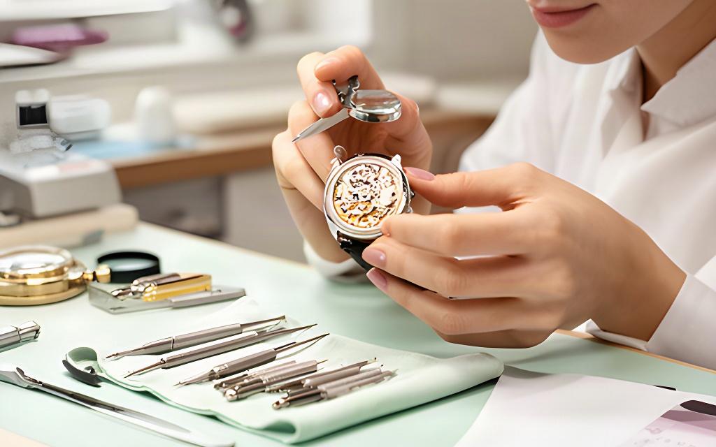 Uhrmacherin prüft eine mechanische Schweizer Uhr an einem hellen Werkstatttisch in Baar