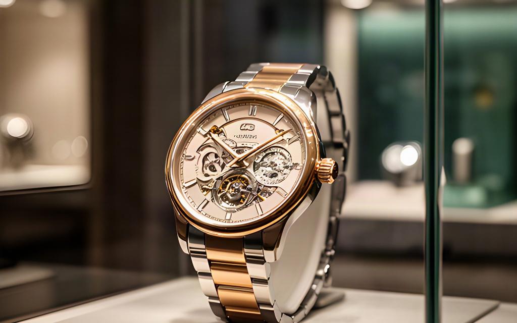 Luxus Schweizer Uhr in einer beleuchteten Vitrine des Ateliers mit sichtbarem Zifferblatt und feinem Metallgehäuse