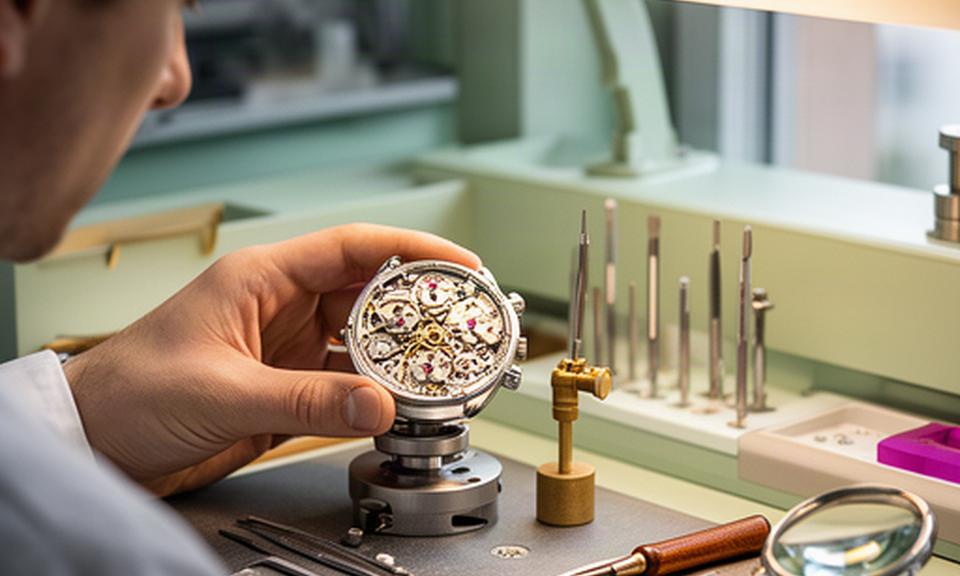 Uhrmacher prüft ein mechanisches Schweizer Uhrwerk an seinem Arbeitstisch im Atelier in Baar