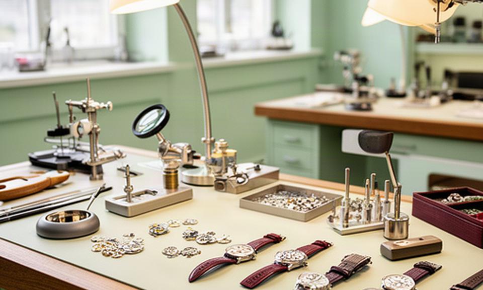 Helles Uhrenatelier in Baar mit Werkbank, Lupe und Schweizer Armbanduhren